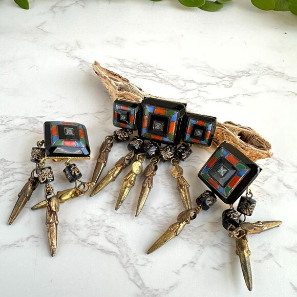 Jewelry - TOGO Paris Brooch and Earrings, Mosaic Glass Cabochons, Vintage Statement